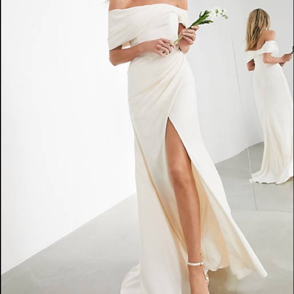 NWT Off-shoulder Formal Wedding Bridal Dress w/ Slit | ASOS